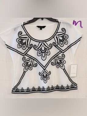 Calliope White Short Sleeve Embroidered Blouse with Black Trim